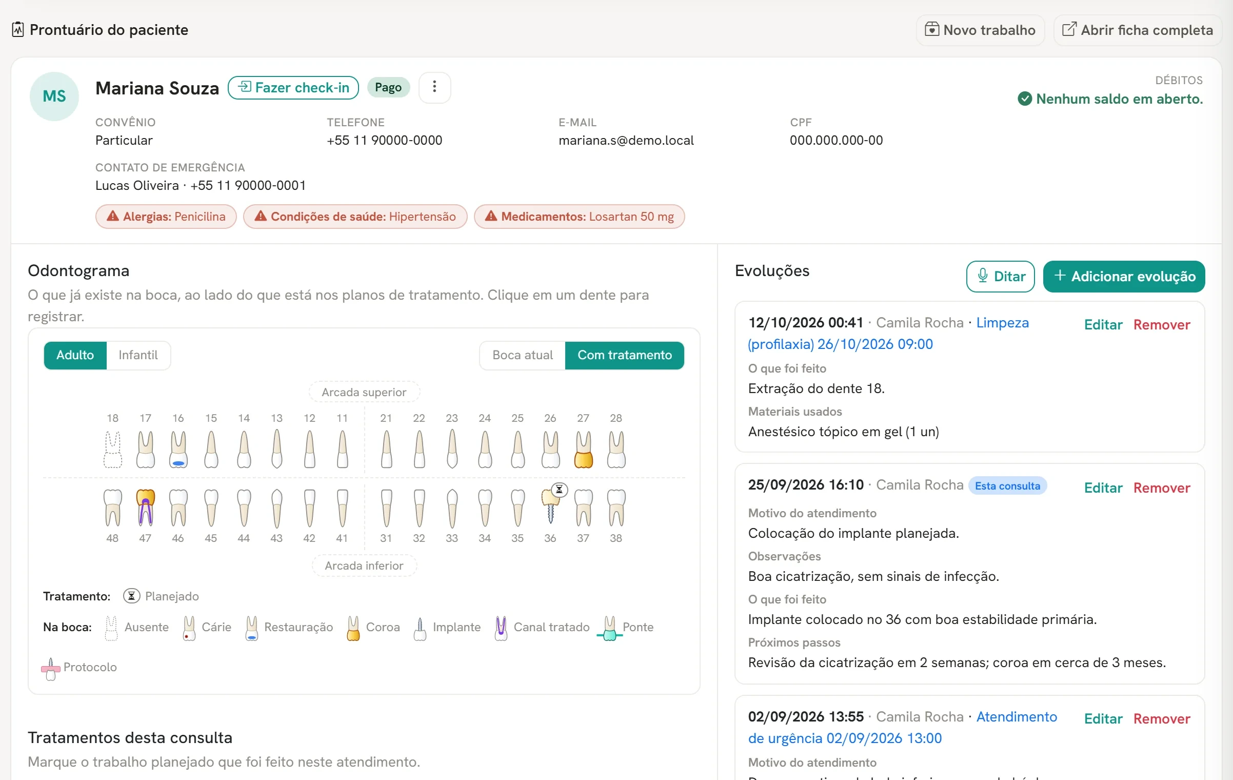 Prontuário do paciente com odontograma e evolução
