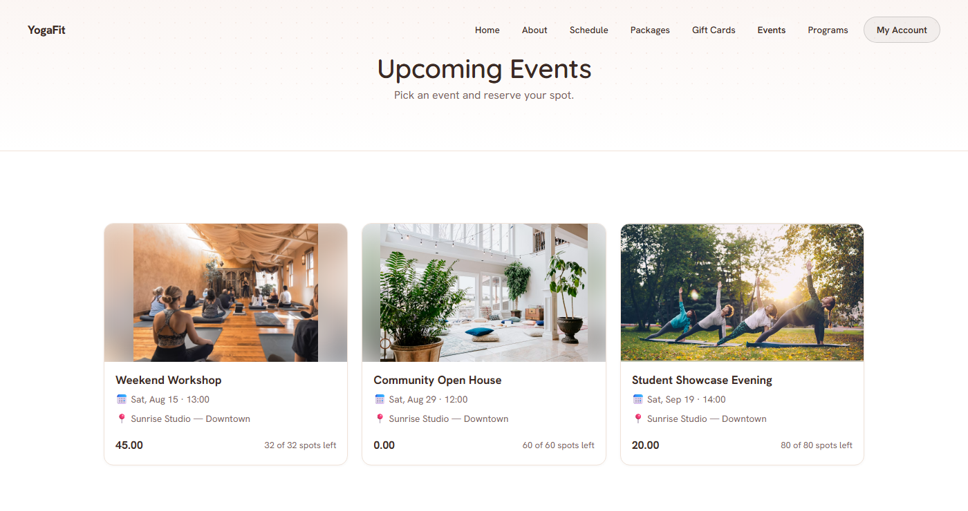 Upcoming events page with workshop cards, dates, prices and spots left