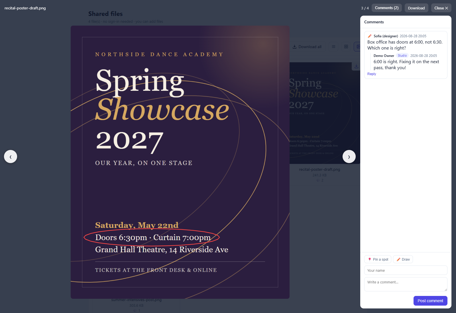 A shared poster draft with a drawn markup and the comment thread beside it