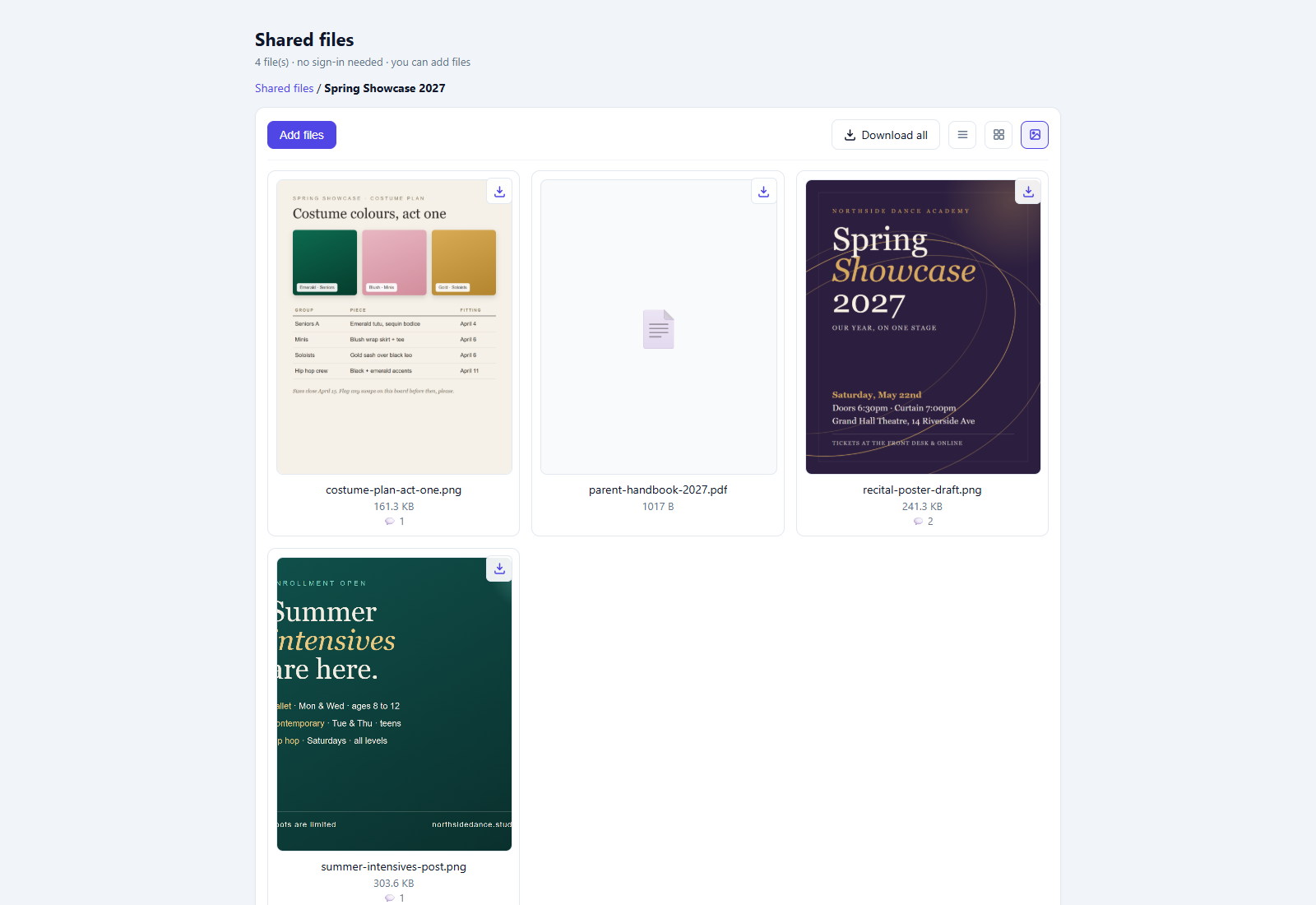 A shared folder of recital marketing files as the client sees it