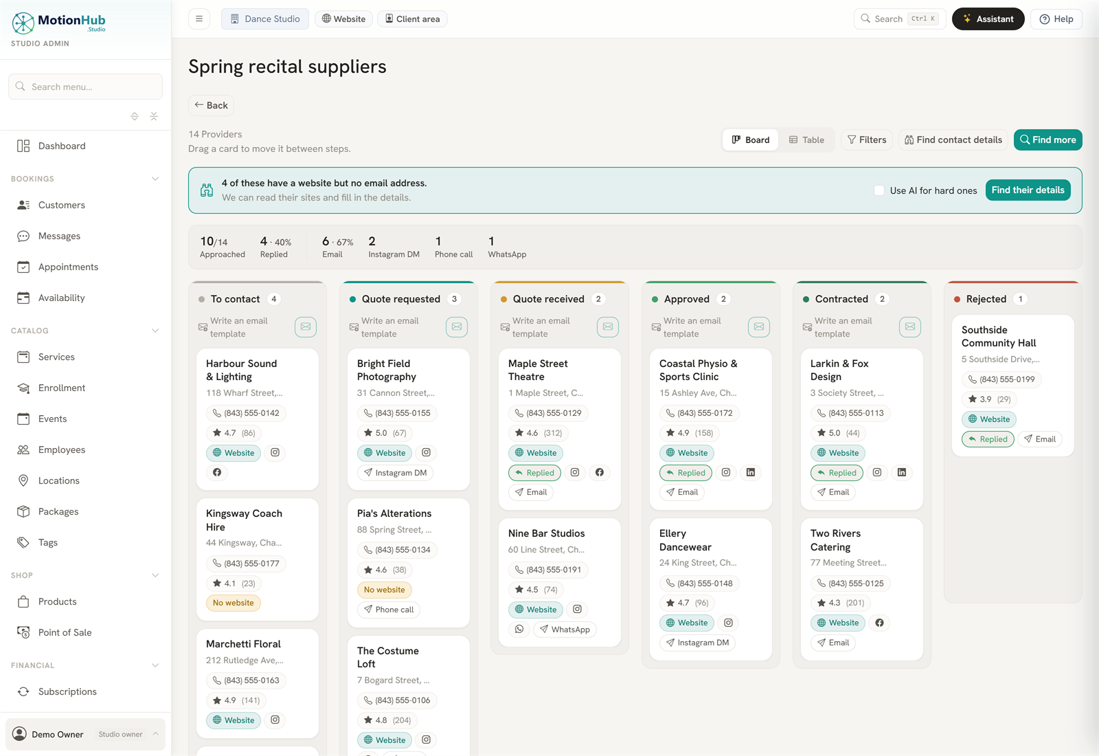 A board of saved suppliers moving through steps from To contact to Contracted