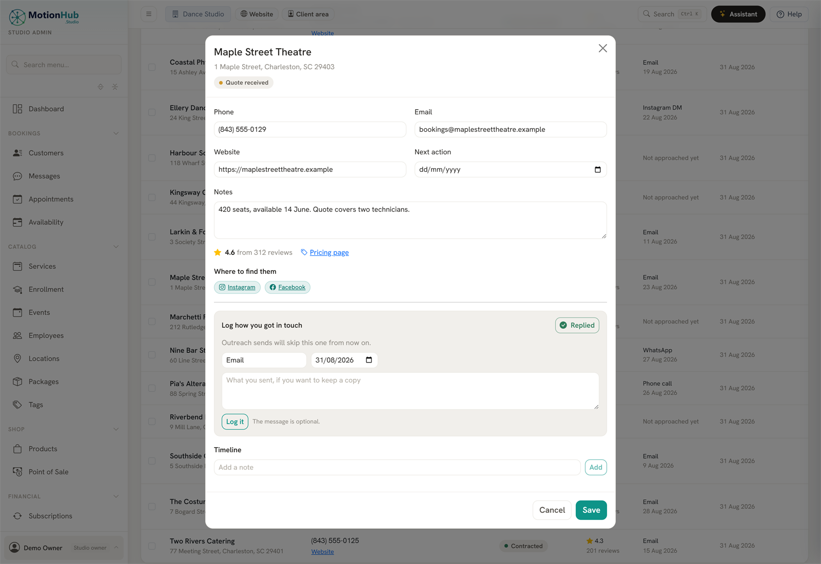 One supplier record showing its rating, social profiles, pricing page and outreach history