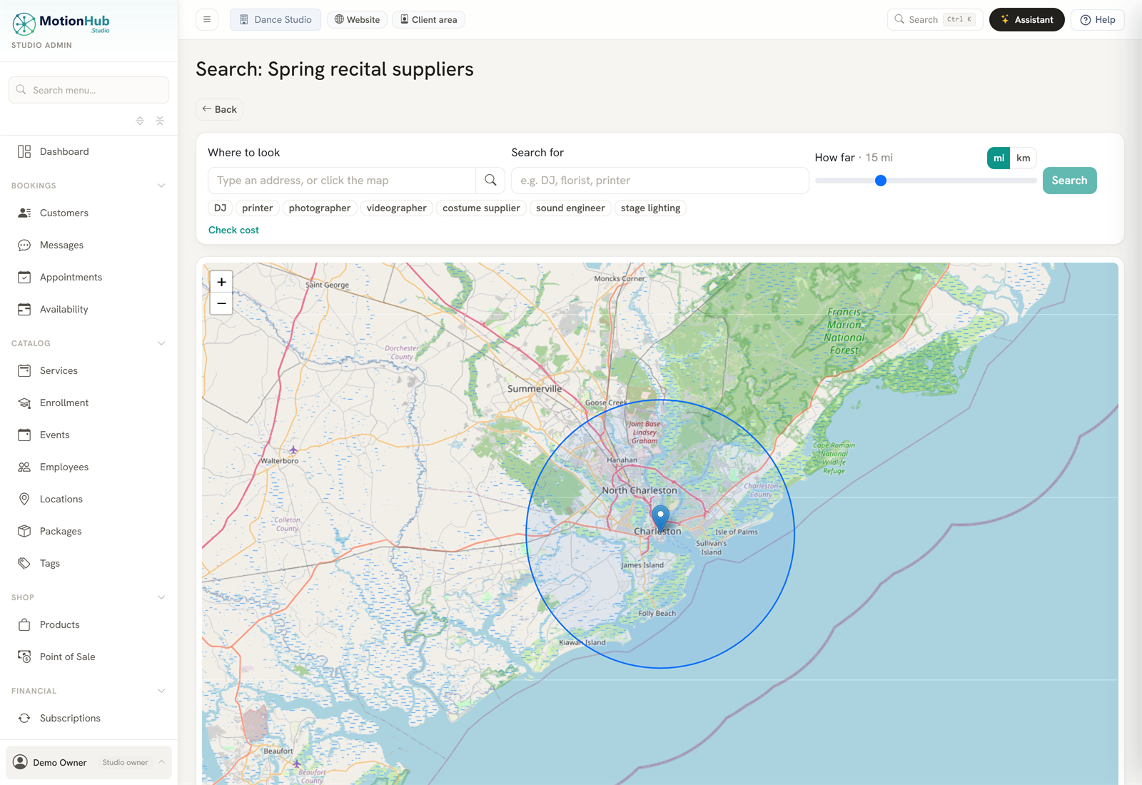 Searching a 15-mile radius around a studio on the map, with categories like DJ, photographer and costume supplier