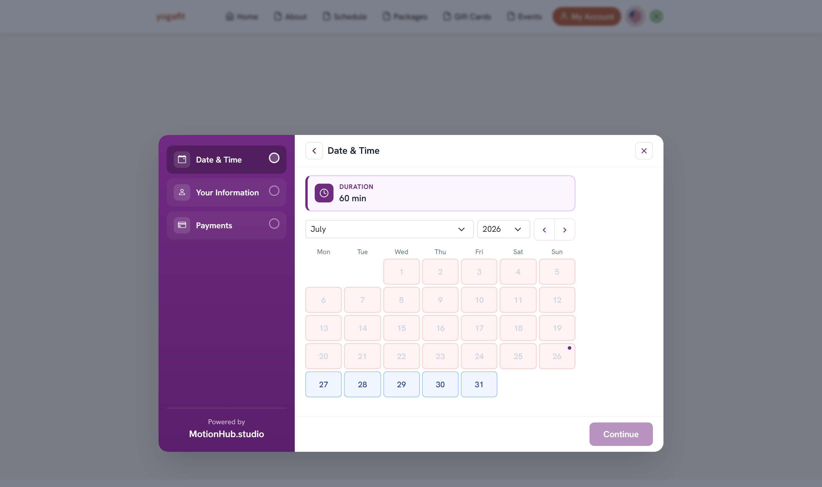 Booking a studio rental: date, time, details and payment