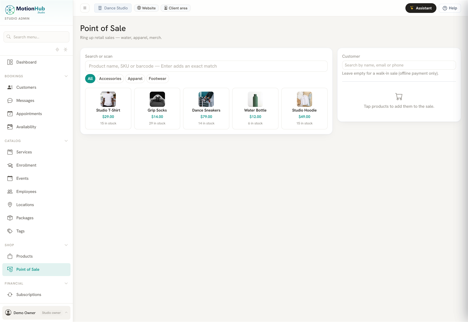 The MotionHub point of sale screen with product tiles, category filters and a customer lookup for ringing up a sale