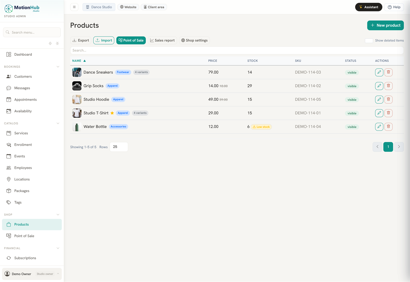 The MotionHub products list with prices, live stock counts, SKUs and a low-stock warning