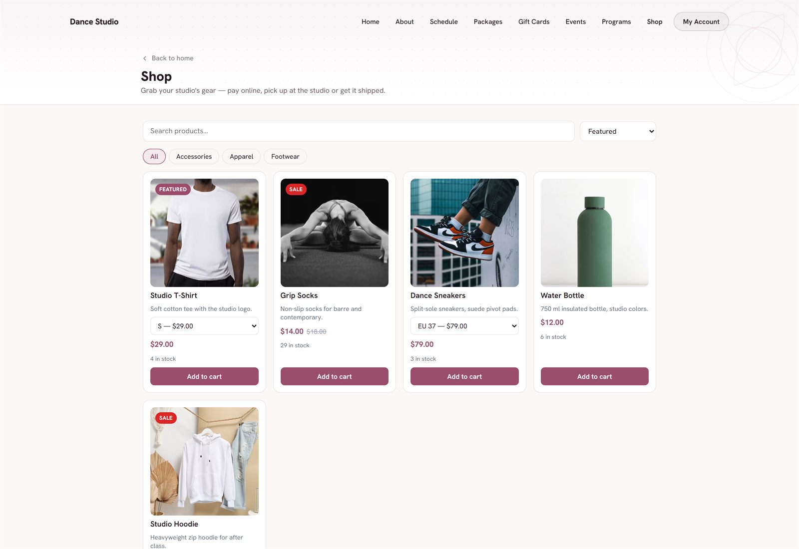 A studio online shop with apparel, footwear and accessories, sale badges and add-to-cart buttons