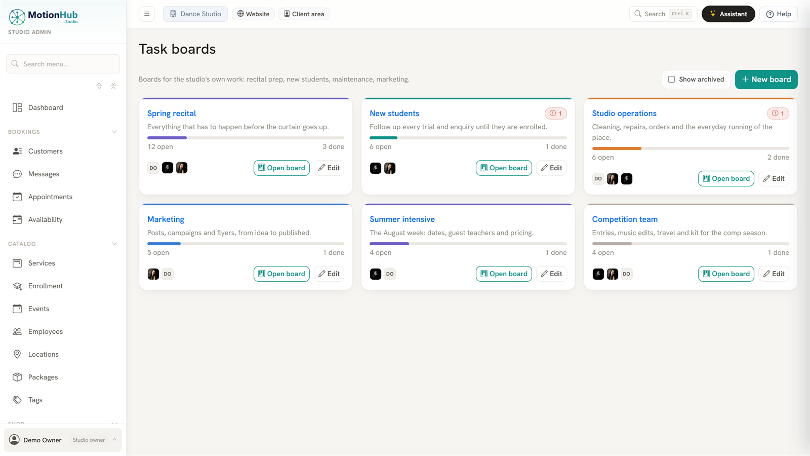 Six boards — recital, new students, operations, marketing, summer intensive and competition team — each with a progress bar