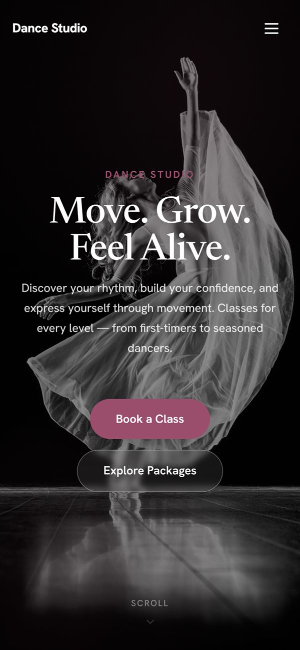 A studio booking site built with MotionHub, shown on a phone